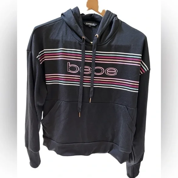 NWT Bebe black hoodie with colorful stripes size L - Picture 1 of 10